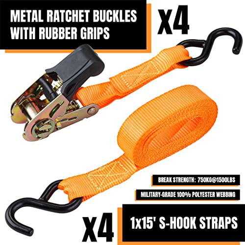 Cartman 1" x 15' Ratchet Tie Down up to 1500lbs 4pk in Carry Bag, with 18" Soft Loop Tie-Down Straps & 32" Bungee Cord - style: 4PK Orange