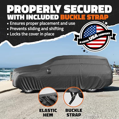 Mockins 200"x75"x57" SUV Car Cover Waterproof All Weather Heavy Duty Tarp | Dual-Layer 250G PVC & Soft Cotton Lining Full Exterior Covers | Windproof Large Car Cover for Snow & Rain with Buckle Strap - size: SUV - Large - 200" x 75" x 57"