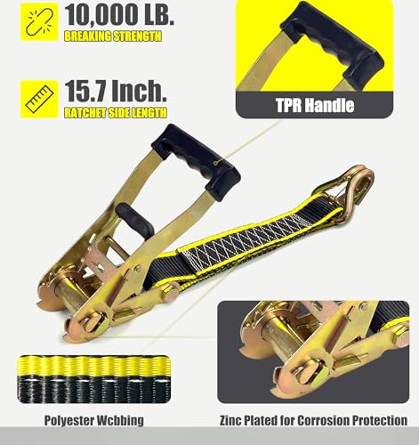 KJE Heavy Duty Car Trailer Tie Down Straps with Reflective - (4) 2" x 10' Ratchet Straps + J-Hooks with Clip, (4) Axle Straps 2" x 36'' - 10,000lbs Break Strength - Use for Car, Truck, UTV Transport