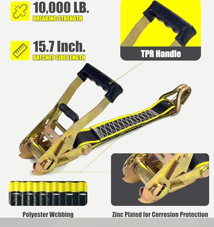 KJE Heavy Duty Car Trailer Tie Down Straps with Reflective - (4) 2" x 10' Ratchet Straps + J-Hooks with Clip, (4) Axle Straps 2" x 36'' - 10,000lbs Break Strength - Use for Car, Truck, UTV Transport