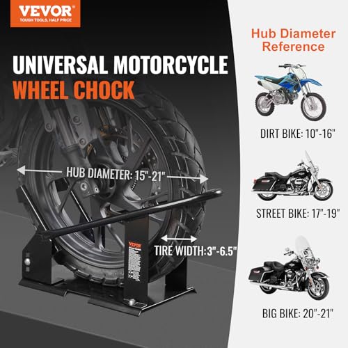 VEVOR Motorcycle Wheel Chock, Max. 1800 lbs Heavy Duty Motorcycle Stand, with 3 Adjustable Holes, Durable Steel Motorbike Front Tire Bracket, Fits 15"-21" Wheels, Work with Off-Road and Regular Bikes
