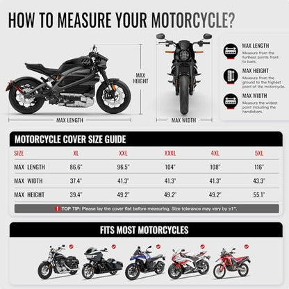 Motorcycle Cover Waterproof Outdoor Heavy Duty All-Weather UV Protection with Reflective Strips & Lock Holes,Storage Bag,Sport,Fits Most Cruiser,Touring,Street,Dirt Bike (Length up to 108") - size: 108"(4XL)