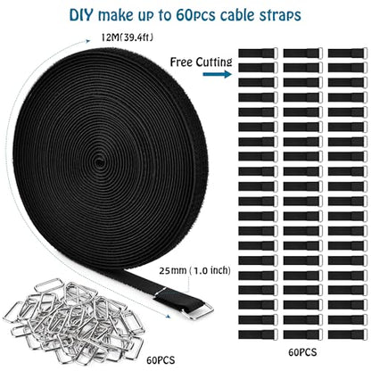 Nettbe 1"x39.4ft Hook and Loop Straps with 60 Buckles Adjustable Cut-to-Length Cable Ties Roll- Reusable Nylon Fastening Tape Cable Straps for Storage or Organization (1in x 39.4ft) - size: 1in x 39.4ft