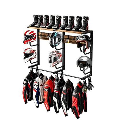 Motorcycle Helmet Holder Wall Mount, Motorcycle Gear Rack with 6 Hat Stands, Helmet Stand for Most Helmet and Clothes, Sturdy Construction Storage Organizer for Garages or Indoor