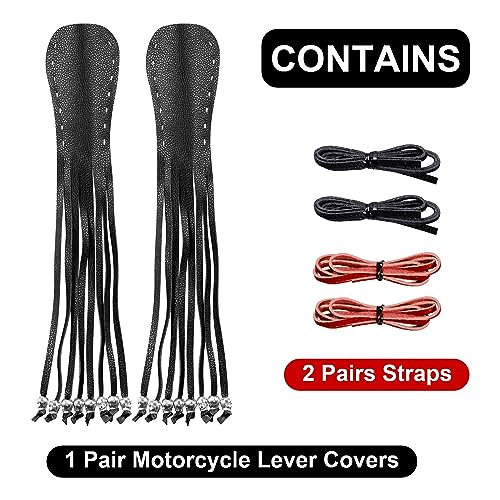 Motorcycle Lever Cover PU Leather Fringed Brake Clutch Covers Universal Grip Tassels Motorcycle Handlebar Covers with Skull Beads - color: Black with Red Strap