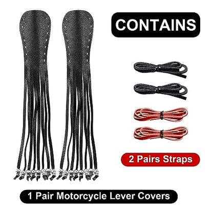 Motorcycle Lever Cover PU Leather Fringed Brake Clutch Covers Universal Grip Tassels Motorcycle Handlebar Covers with Skull Beads - color: Black with Red Strap