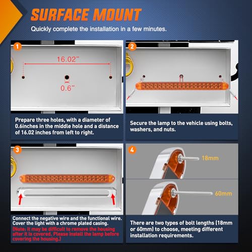 Nilight LED Tail Light 2PCS 17 Inch 40LED Amber Running Tail Turn Signals Lights w/Chrome Bezel Waterproof Surface Mount for 12V Towing Trailer Truck RV Camper Boat - color: 2Pcs 17" Amber 40LED w/chrome bezel