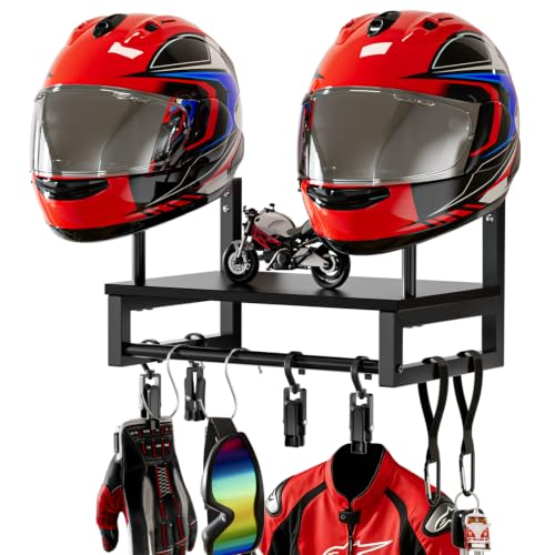 Cyfie Motorcycle Helmet Holder Wall Mounted, Solid Wood Helmet Rack with 4 Glove Chips and 4 Hooks, Motor Gear Accessories Display Rack Stand, Universal Helmets Storage Organizer Shelf, Black - color: Black