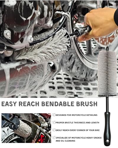 oesee 8 Pack Motorcycle Cleaning Kit - Professional Safe for Chrome/Engine/Tires, Hard Reach Brush, Microfiber Mitt, Detailing Tools, Drying Towel & Wax Applicators