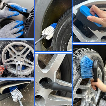 Wheel Brush Kit,Soft Drill Wheel Cleaner Brush, No Scratches Highly Dense Car Cleaning Brush Set for Wheels, Tire, Rims, Engines, Exhaust(Blue + White 3 Pk) - color: Blue + White 3 Pk