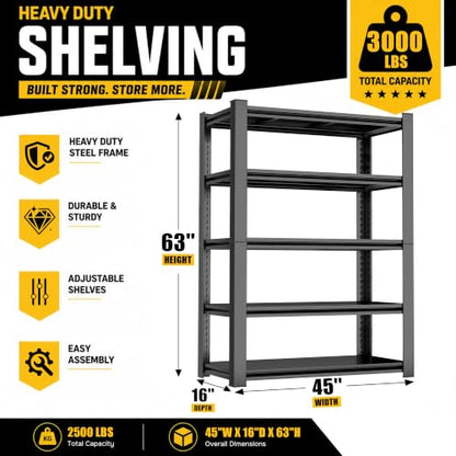 Heavy Duty Garage Shelving, 5-Tier Metal Garage Storage Shelves, Adjustable Steel Shelving Unit, Wide Storage Rack for Garage Warehouse Basement, Black, 45" W x 16" D x 63" H - size: 5TIER-45"W X 16"D X 63"H