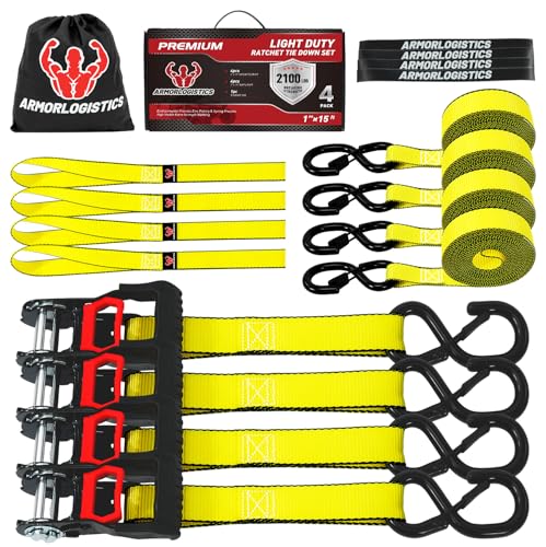 Ratchet Straps (4 Pack) - 1in x 15ft Motorcycle Strap Tie Downs with 15ft Soft Loops - 2,100lb Break Strength Ratchet Tie Down Straps for Motorcycles, Truck, Cargo - Safety S Hook, Storage Bag - color: Yellow, size: 2100 lb