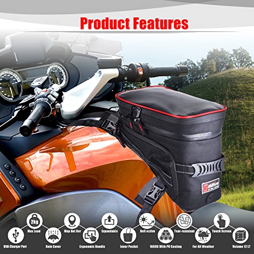 Goldfire Motorcycle Tank Bag Expandable ADV Gas Oil Fuel Tank Saddle Bag with Strong Strap Mount Water Resistant Motorcycle Storage Bag(Red Piping) - color: Red Piping