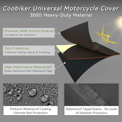 Motorcycle Cover 300D Waterproof Outdoor Night Reflective Breathable Vents All Season Rain Sun Dust Protection Universal Fit Powersports Vehicle Cover with Lock-Holes Fits up to 104" - size: 104"