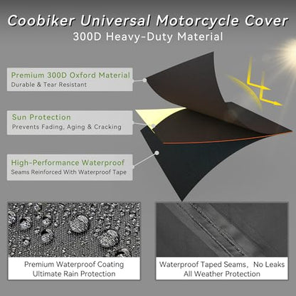 Motorcycle Cover 300D Waterproof Outdoor Night Reflective Breathable Vents All Season Rain Sun Dust Protection Universal Fit Powersports Vehicle Cover with Lock-Holes Fits up to 104" - size: 104"