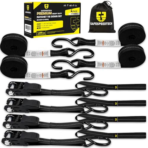 Ratchet Straps Tie Downs 4 Pack - 1 in x 15 ft Motorcycle Tie Down Straps - 4 Soft Loops with Safety S Hooks - 1650 lbs Breaking Strength - Ratchet Tie Down Set for Motorcycle, Truck, ATV, UTV - Black - color: Black, size: 1650LB - 15Ft