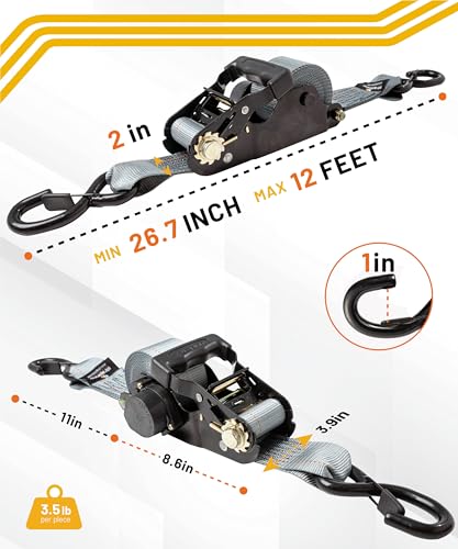 Strapinno Retractable Ratchet Tie-Down Straps,5,000 lbs Breaking Strength- 2 in x 12 ft Heavy Duty Ratchet Strap with Safety Lock S Hooks for Motorcycles, ATVs, UTVs, Lawn Equipment & Cargo (Gray) - color: Gray