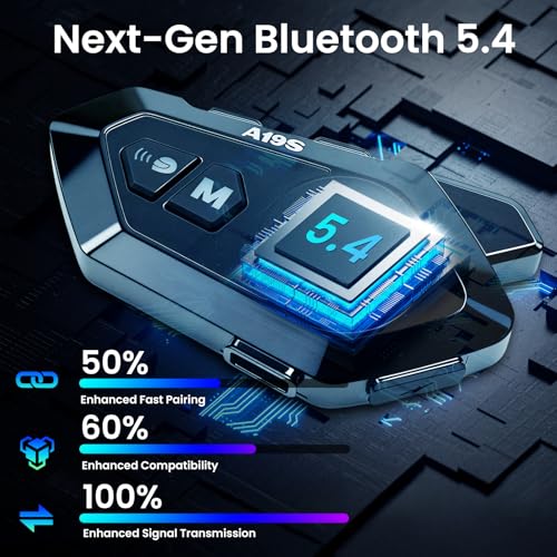 Motorcycle Helmet Bluetooth Headset, Bluetooth 5.4 Intercom for 2 Riders up to 1000m, IPX7 Waterproof, HD Speakers for Harley, Dirt Bike, ATV, & Snowmobile Helmet Communication System