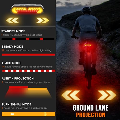 Vcwtty Smart Bike Tail Light, Wireless Remote Turn Signals with 120dB Audio Warning & Virtual Lane Projection, USB-C Rechargeable Rear Cycling Light, IP65 Waterproof Anti-Collision Safety Signal