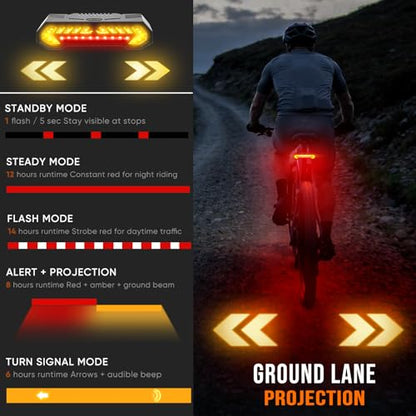 Vcwtty Smart Bike Tail Light, Wireless Remote Turn Signals with 120dB Audio Warning & Virtual Lane Projection, USB-C Rechargeable Rear Cycling Light, IP65 Waterproof Anti-Collision Safety Signal