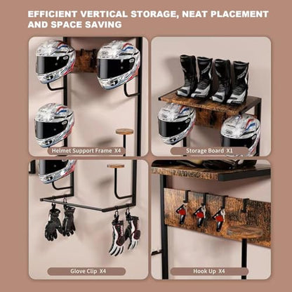 GarveeHome Motorcycle Helmet Wall Mount, Helmet Stand, Motorcycle Helmet & Clothes Holder, Helmet Rack With 4 Hat Stands 4 Glove Clips 4 Hooks For Motorcycle Helmet Accessories