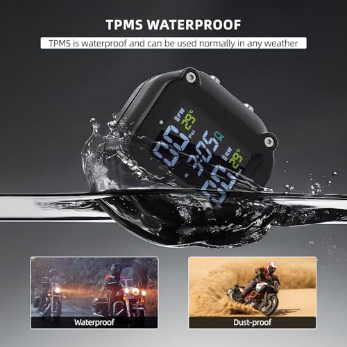 Motorcycle Tire Pressure Monitoring System, Motorcycle TPMS System with 2 External Sensors, LCD Display, IP67 Waterproof Dustproof, Motorbike Tyre Temperature Alarm, Two-Wheeled Motorcycle TPMS
