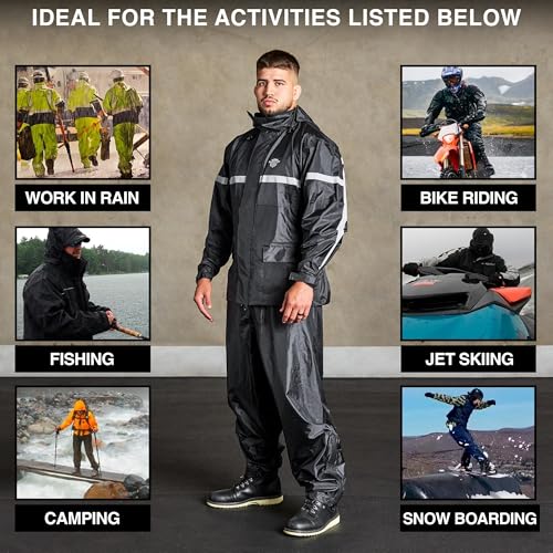 Waterproof Motorcycle Rain Suit, 2-Piece Reflective Gear, Lightweight Riding Jacket & Pants, Protective Raincoat with Hoodie - color: Black, size: XL-2XL