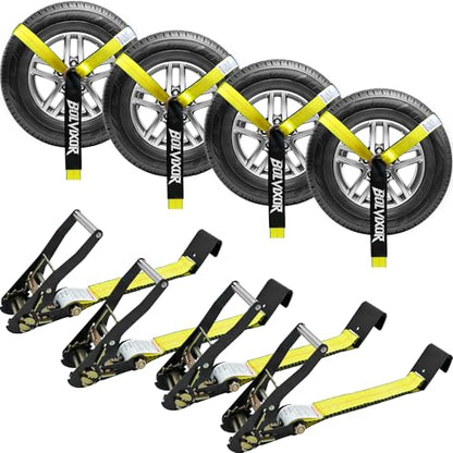 4 Pack Car Tie Down Straps for Trailers - 2" x 96" - 9900LBS Break Strength - Heavy Duty Tire Ratchet Straps with Flat Hooks for Hauling UTV, SUV, Truck, Any Cars - color: Yellow
