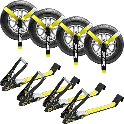 4 Pack Car Tie Down Straps for Trailers - 2" x 96" - 9900LBS Break Strength - Heavy Duty Tire Ratchet Straps with Flat Hooks for Hauling UTV, SUV, Truck, Any Cars - color: Yellow