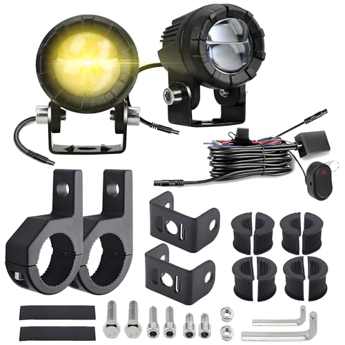 Windance Motorcycle Spotlight Auxiliary Driving Light,30W Fog Light Work Light with Wiring Harness,White Yellow High/Low Beam Strobe for ATV UTV Tractor Scooter (Spotlight+Wiring Harness+Bracket)