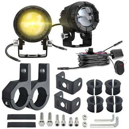 Windance Motorcycle Spotlight Auxiliary Driving Light,30W Fog Light Work Light with Wiring Harness,White Yellow High/Low Beam Strobe for ATV UTV Tractor Scooter (Spotlight+Wiring Harness+Bracket)