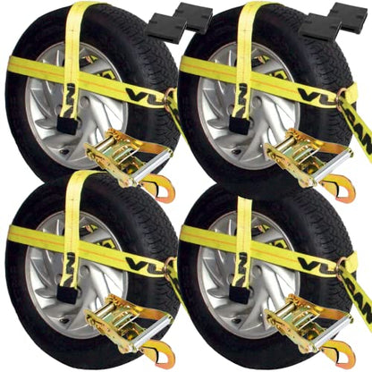 VULCAN Car Tie Down Kit - Adjustable Loop - Snap Hooks - Classic Yellow - Complete Kit Includes 4 Straps and 4 Ratchets - size: Classic Yellow