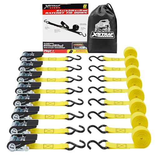 XSTRAP STANDARD Ratchet Straps, 8-Pack 1" x 10FT Ratchet Tie Down Straps Set, 900 LBS Break Strength Logistic Cargo Straps for Motorcycle, Move Appliances, Lawn Equipment, Trucks (Yellow) - color: Yellow