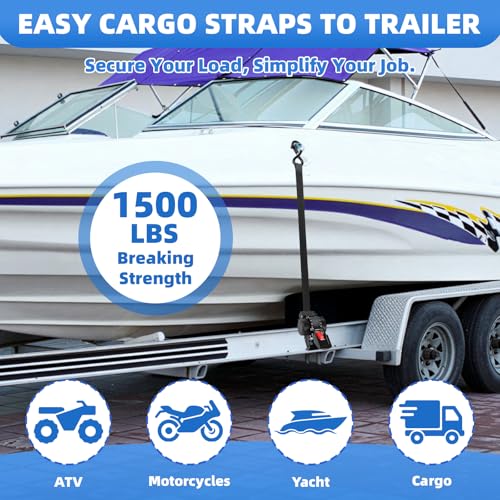 Retractable Ratchet Straps 1" x 9.84ft, 2PK Transom Tie Downs – 1500lbs Break Strength, Heavy Duty Bolt-on Tie Down Straps for Trailer, Boat, Cargo, Motorcycles, Jet Ski, ATV (Black)