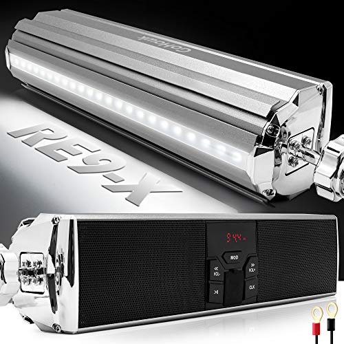 GoHawk Motorcycle Speakers Bluetooth Waterproof with LED Lights, AUX/FM Radio Stereo Sound System Built-in Amplifier, USB MP3 Music Player for Motorcycle, ATV - color: RE9-X Silver
