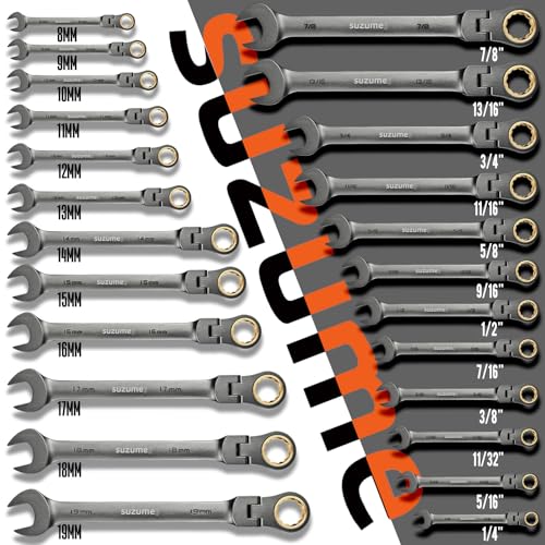 SUZUME 24-Piece Metric and SAE Flex Head Ratcheting Wrench Set 72 Teeth Cr-V Steel Ratcheting Wrench Set with 180° Flex Head Ratchet Wrenches Set For Auto,Machine Repair - size: 24-Piece, style: Metric and SAE