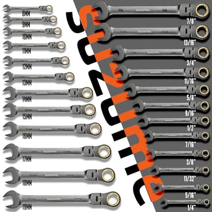 SUZUME 24-Piece Metric and SAE Flex Head Ratcheting Wrench Set 72 Teeth Cr-V Steel Ratcheting Wrench Set with 180° Flex Head Ratchet Wrenches Set For Auto,Machine Repair - size: 24-Piece, style: Metric and SAE