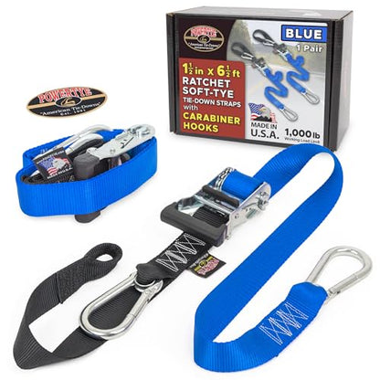 PowerTye 1.5in x 6.5ft Heavy Duty Ratchet Tie-Down Straps with Soft-Tye and Carabiner Hooks - 1,000 lb Working Load Limit / 3,000 lb Breaking Strength - Made in USA - Blue/Black Pair - color: Blue, size: 6.5 ft
