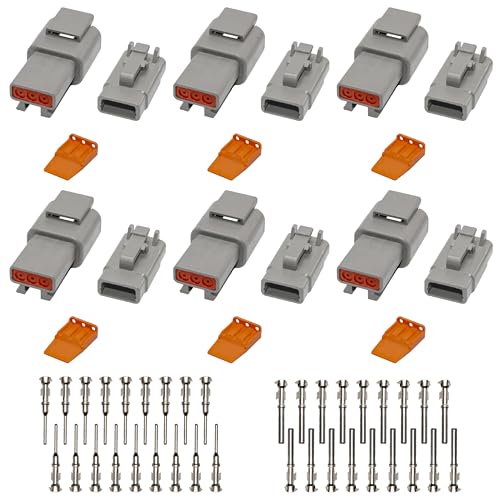 Deutsch DTM Grey 3 Pin Connectors 6 Sets, Waterproof Electrical Wire Connector with Stamped Contacts and Seal Plug for Truck, Off-Road Vehicles, Construction, Agriculture, Marine, Motorcycle Wiring - size: 3Pin-6 Set