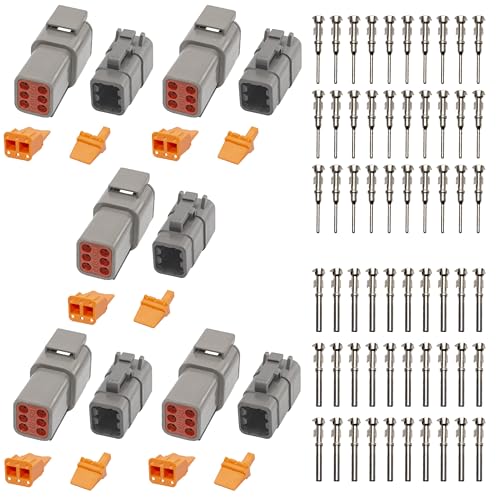 Deutsch DTM Grey 6 Pin Connectors 5 Sets, Waterproof Electrical Wire Connector with Stamped Contacts and Seal Plug for Truck, Off-Road Vehicles, Construction, Agriculture, Marine, Motorcycle Wiring - size: 6Pin-5 Set