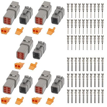 Deutsch DTM Grey 6 Pin Connectors 5 Sets, Waterproof Electrical Wire Connector with Stamped Contacts and Seal Plug for Truck, Off-Road Vehicles, Construction, Agriculture, Marine, Motorcycle Wiring - size: 6Pin-5 Set