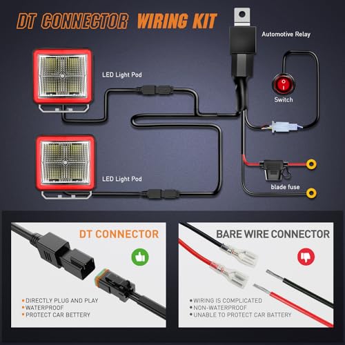 Nilight 3 Inch Cube LED Pod Light Bar 20W 2100LM Super Flood Screw-Less Offroad Driving Work Lights w/16AWG DT Wiring Harness Kit for Truck UTV 4x4 ATV Motorcycle - color: Indirect 4LED Flood Pod-White