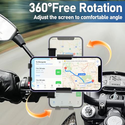 Motorcycle Phone Mount, Bike Bicycle Mount Handlebar Cell Phone Clamp Ebike Scooter Phone Clip for iPhone 16 Pro Max/Plus, 15 Pro Max, S10, S20, More 4.7" to 6.8" Smartphones