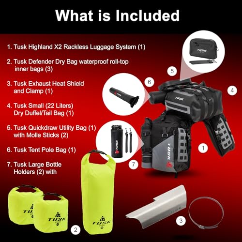 TUSK Highland X2 Rackless Luggage System w/Small Dry Duffel/Large Bottle Holders Compatible with KTM/Husky 690-701 Heat Shield Black/Grey - color: Black/Grey, size: Small Dry Duffel/Large Bottle Holders, style: Ktm/Husky 690-701 Heat Shield