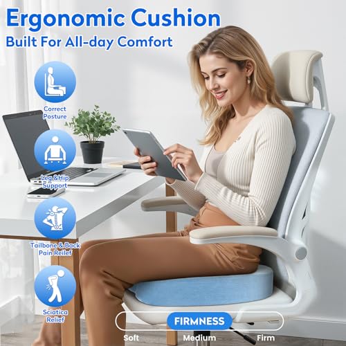 CushZone Seat Cushion, Office Chair Cushions, Car Seat Cushion, Non-Slip Sciatica & Back Coccyx Tailbone Pain Relief Chair Pad, Memory Foam (Light Blue) - color: Light Blue, size: Large