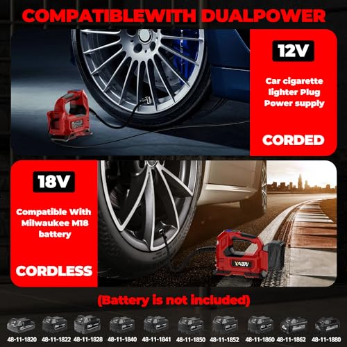 Cordless Tire Inflator Air Compressor Compatible with Milwaukee 18V Battery,160PSI Portable LED Light Handheld Pump with Digital Pressure Gauge Cars Motorcycles Bikes Balls(Battery Not Included)