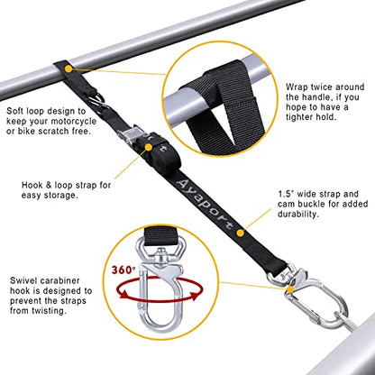Ayaport Motorcycle Tie Down Straps 1.5” x 8’ (with Swivel Carabiner Hooks) Cam Buckle Tie Downs, Handlebar Strap for Dirt Bike, Motor Bike, Kayak, Car, Truck, Boat, Cargo, Black (1.5" x8'-4pcs) - size: 1.5"x8'-4pcs