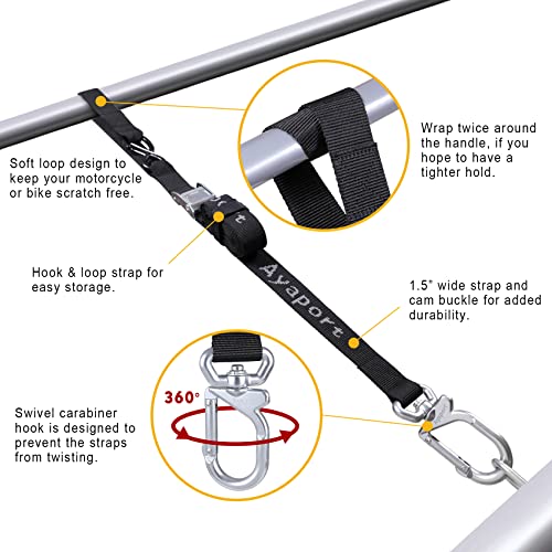 Ayaport Motorcycle Tie Down Straps 1.5” x 8’ (with Swivel Carabiner Hooks) Cam Buckle Tie Downs, Handlebar Strap for Dirt Bike, Motor Bike, Kayak, Car, Truck, Boat, Cargo, Black - size: 1.5"x8'-2pcs