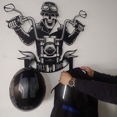 Handmade Metal Skull Wall Decor Hanger – “Born To Ride” Motorcycle Helmet and Jacket Rack – Black Steel Wall Art, Gift Harley Garage, Bikers and Motorcycle Lovers (52X59cm/20X23 Inches) - size: 52X59cm/20X23 Inches