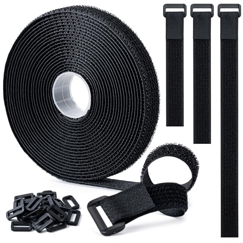0.8" x16Ft Hook and Loop Straps with 25 Plastic Buckles, Adjustable Fastening Cable Straps, Free Cut Length, Reusable Nylon Cable Ties for Organizer or Storage, Black - color: Black, size: 0.8"×16ft Plastic Buckle